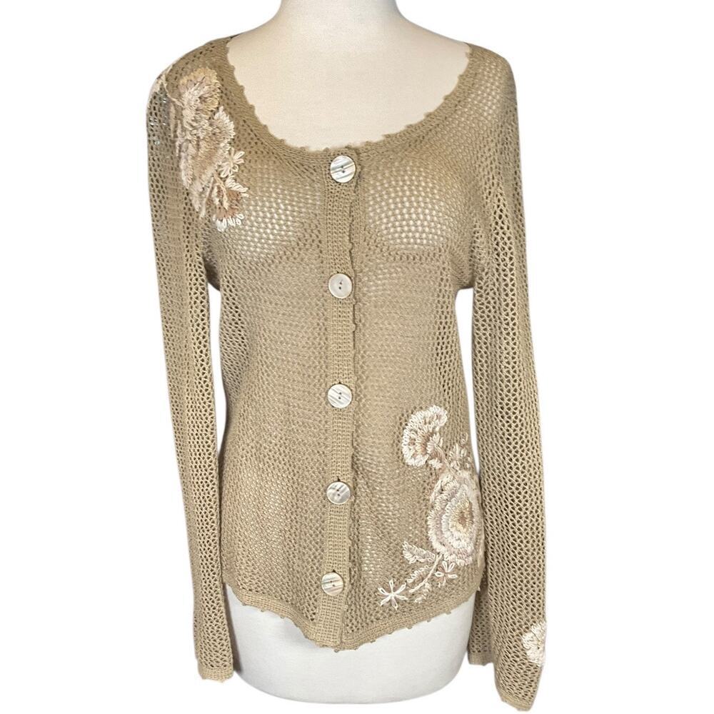 Vintage Cottagecore Romantic Luxury J.Jill Linen Crochet Floral Embroidered Med